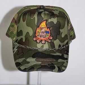 Camo "Stay Wild" trucker hat with hat jewelry